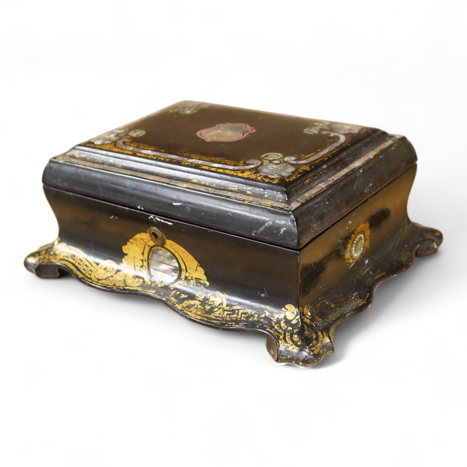 A Victorian papier maché jewellery box, abalone inlaid, 25cm wide